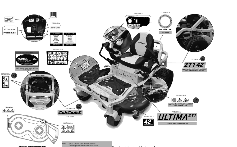 Label Map Diagram and Parts List for ZT1-42KH (17CSA10)(2022) Cub Cadet Lawn Tractor